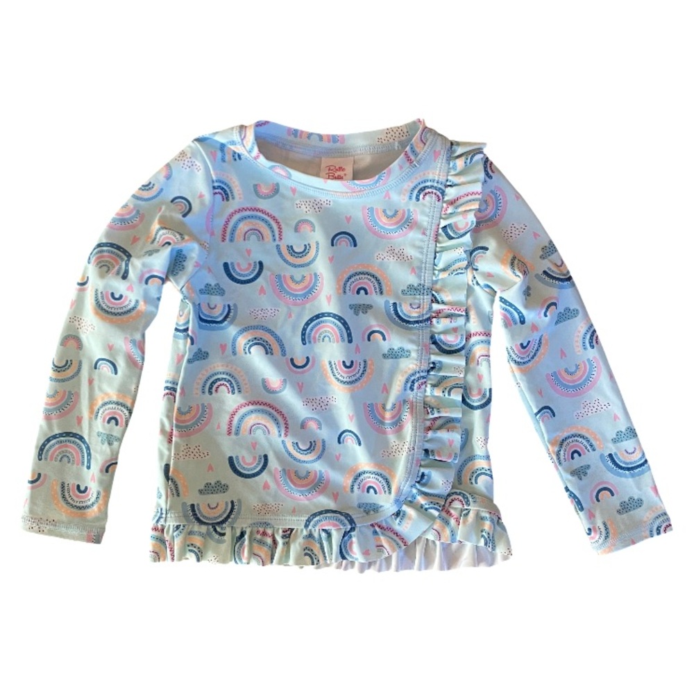 Ruffle Butts rainbow toddler rash guard with UPF 50+ protection size 3T